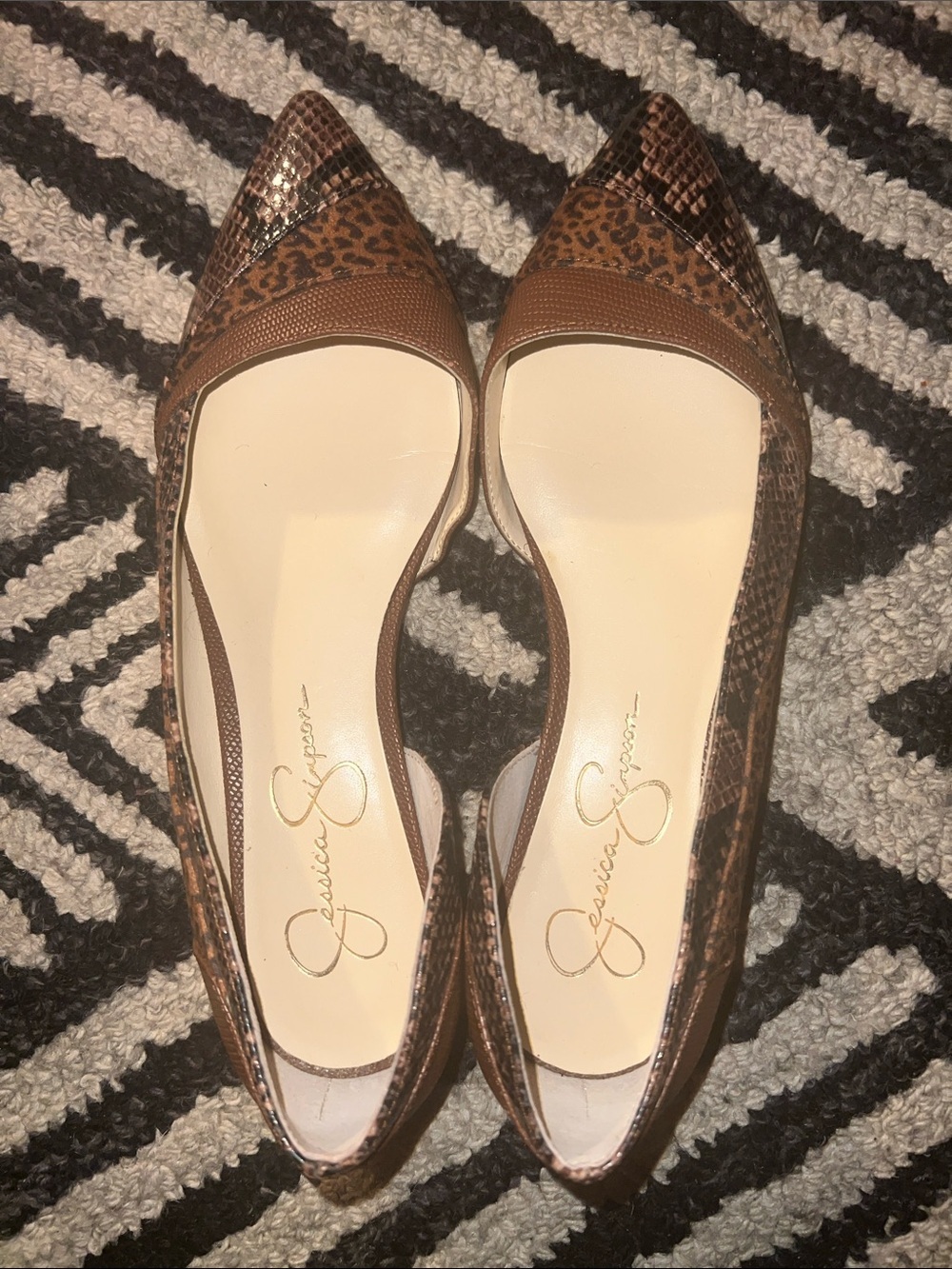 Jessica Simpson Brown Leopard & Snake-Print Pointed Flats
